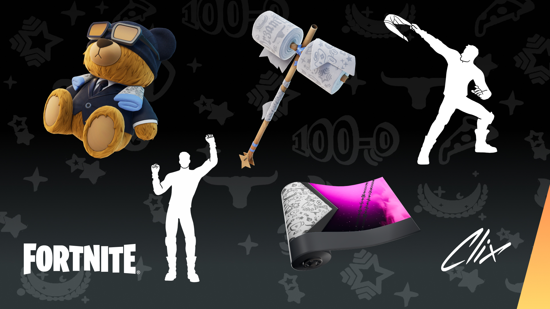 Fortnite Clix Bear Back Bling, 2-Ply TP Hammer Pickaxe, Soggy Snap Emote, Clix Groove Emote, and Chain Linx Wrap