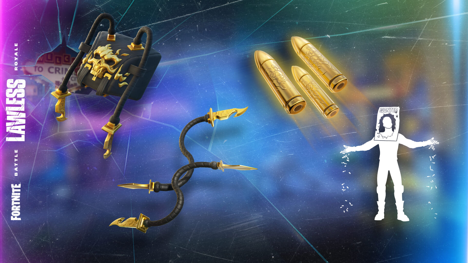 Fortnite Lawless Outlaws Knife Rack Back Bling Outlaws Whipknives Pickaxe Bullet Rider Glider Outlaws Mugshot Emote