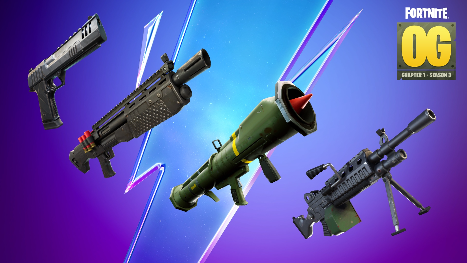 Fortnite OG Hand Cannon, Heavy Shotgun, Guided Missile, and Light Machine Gun