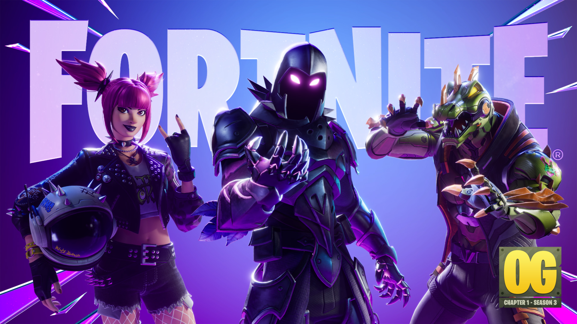 Fortnite OG Pass Power Punk, Mecha R3X, and Sir Raven