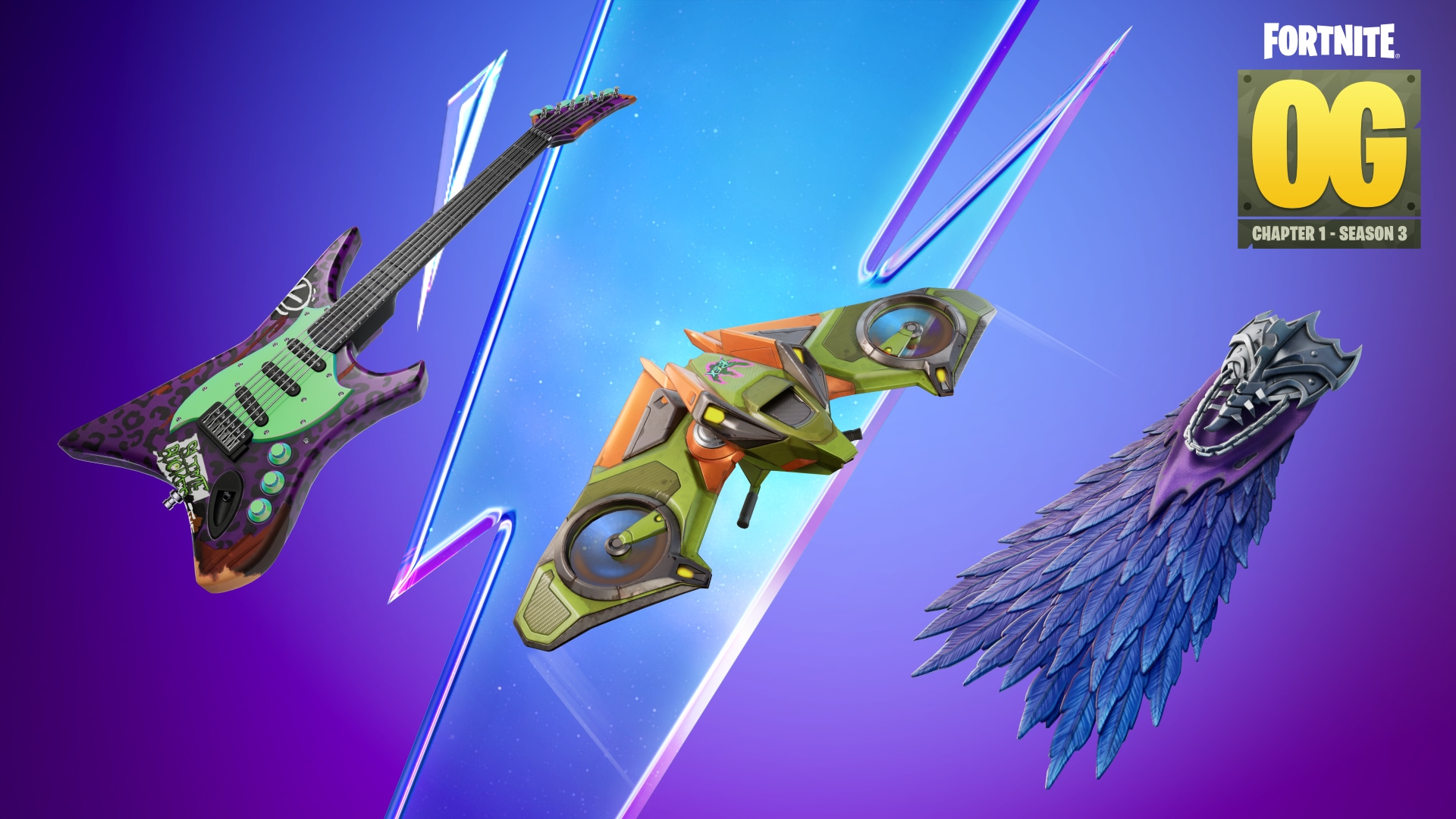 Fortnite OG Pass The Rebel Pickaxe, Horizon Rider Glider, and Fowl Mantle Back Bling